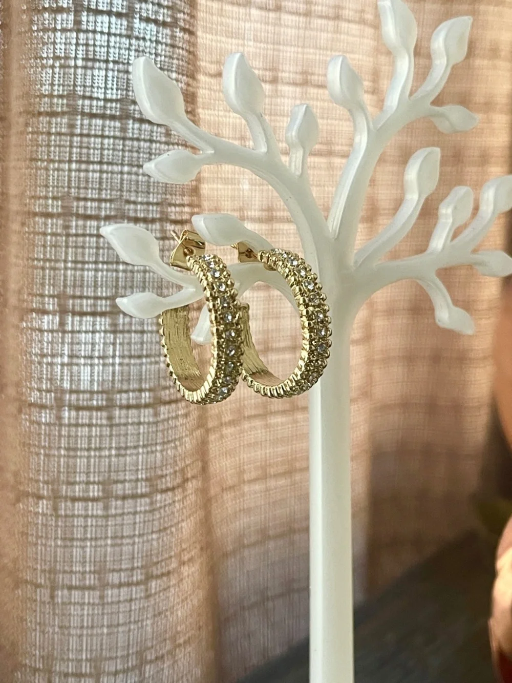 Beautiful Laminated Gold CZ Row Hoop Earrings